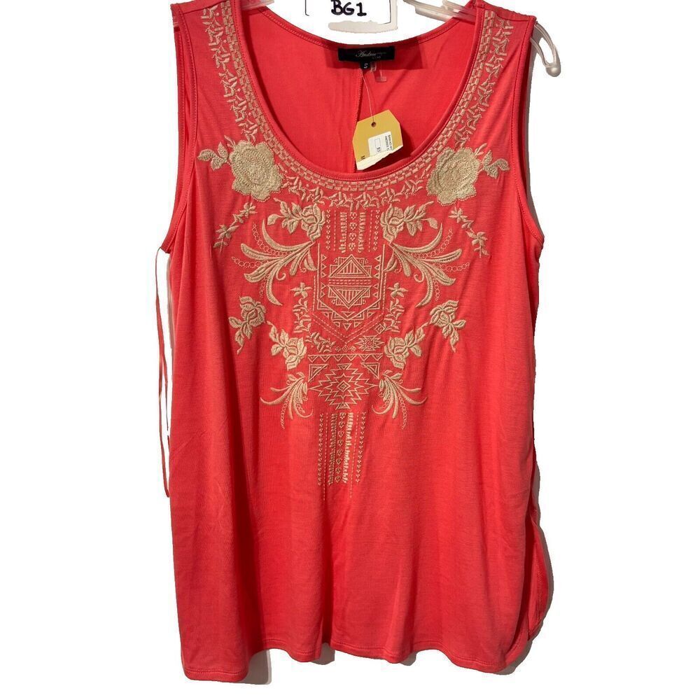 NWT Andree By Unit  Blouse Top Small Coral Gold Floral Embroidery‎ Sleeveless